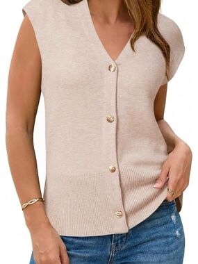 Sleeveless V-Neck Button Front Knit Sweater Vest - Beige
